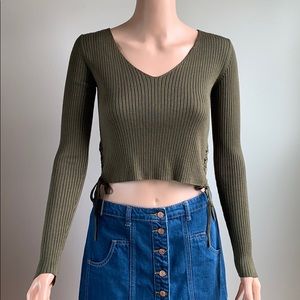Papaya Olive Ribbed Long Sleeve Crop Top